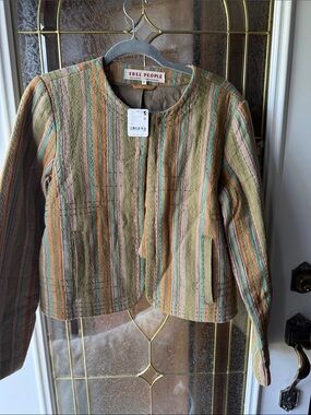 FREE PEOPLE ZANDI QUILTED Striped Cropped Jacket with Orange & Teal Accents